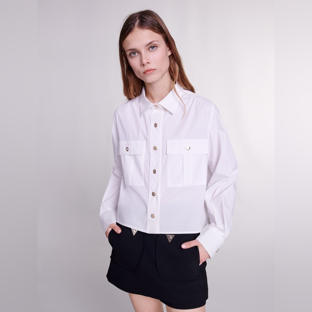 Maje Carlita Cropped Cotton Shirt in White, Size M (2) - Picture 6 of 15